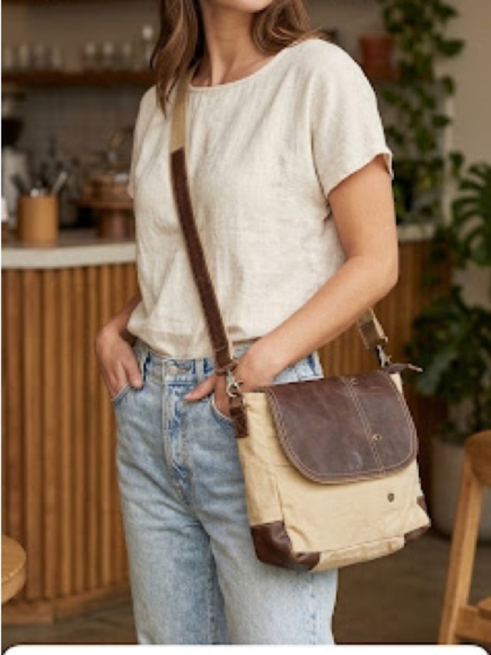 Recycled Military Messenger Bag Crossbody Adjustable Pockets Beige/leather Boho